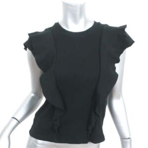 Veronica Beard Black Ruffle-Trim Knit Top